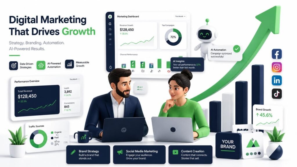Business owner and freelancer discussing digital marketing strategy at FGrowently